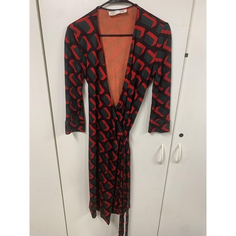 Diane Von Furstenberg Vintage Womens Silk Geometric Wrap Dress Red Black 00
